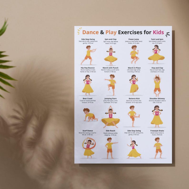 May include: A poster titled "Dance & Play Exercises for Kids" features illustrations of children demonstrating various dance moves. The exercises include Side Step Swing, Spin and Clap, and Freestyle Shake, among others. The poster is designed for children's fitness.