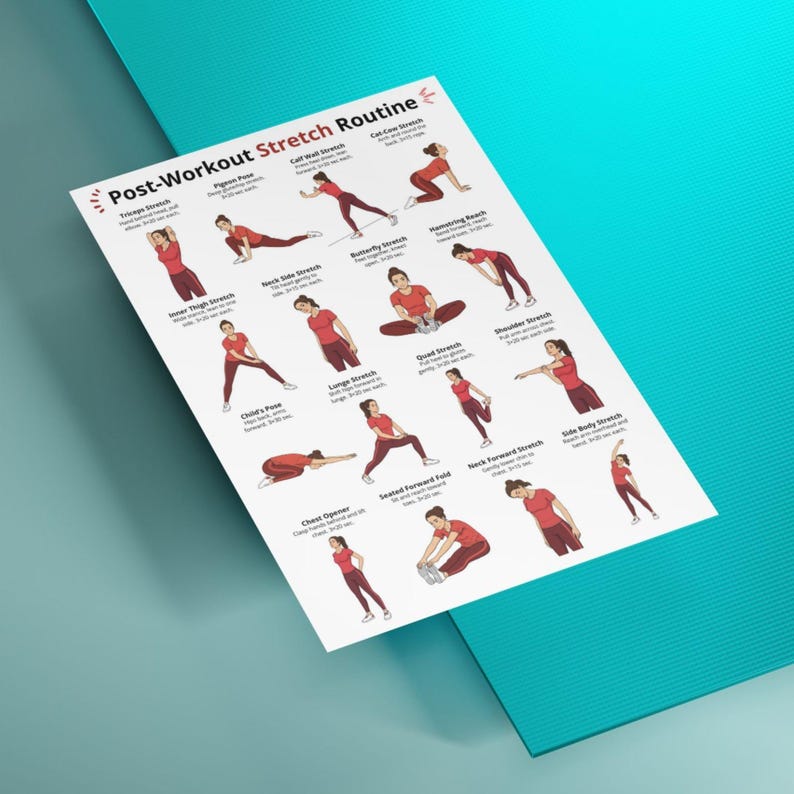 May include: A white poster titled "Post-Workout Stretch Routine" featuring illustrations of various stretches. Each stretch is demonstrated by a person in red athletic wear. The poster is angled on a teal surface.