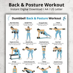 Dumbbell Back & Posture Workout Poster | Beginner Upper Back Dumbbell Exercises Chart | Back Exercises Home Gym Printable Digital Download