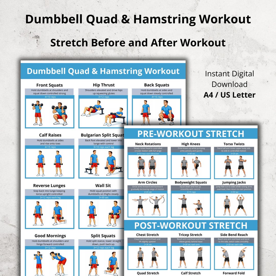 Dumbbell Quad & Hamstring Workout Poster, Leg Day Exercise Chart PDF ...