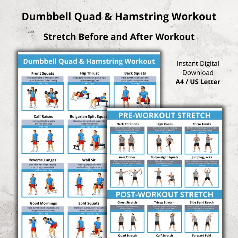 Dumbbell Quad & Hamstring Workout Poster, Leg Day Exercise Chart PDF ...