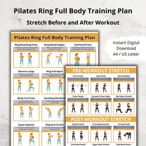 Könnte beinhalten: Ein Pilates-Ring-Ganzkörper-Trainingsplan mit Dehnübungen vor und nach dem Training. Der Plan umfasst Übungen wie Ring Breathing Press und Reverse Lunge. Der Text "Instant Digital Download A4/US Letter" ist ebenfalls sichtbar.