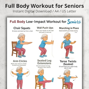 Senior Exercise Chart Printable – Low Impact Full Body Workout for Seniors, Chair & Wall Exercises for Elderly, Easy Daily Exercises PDF