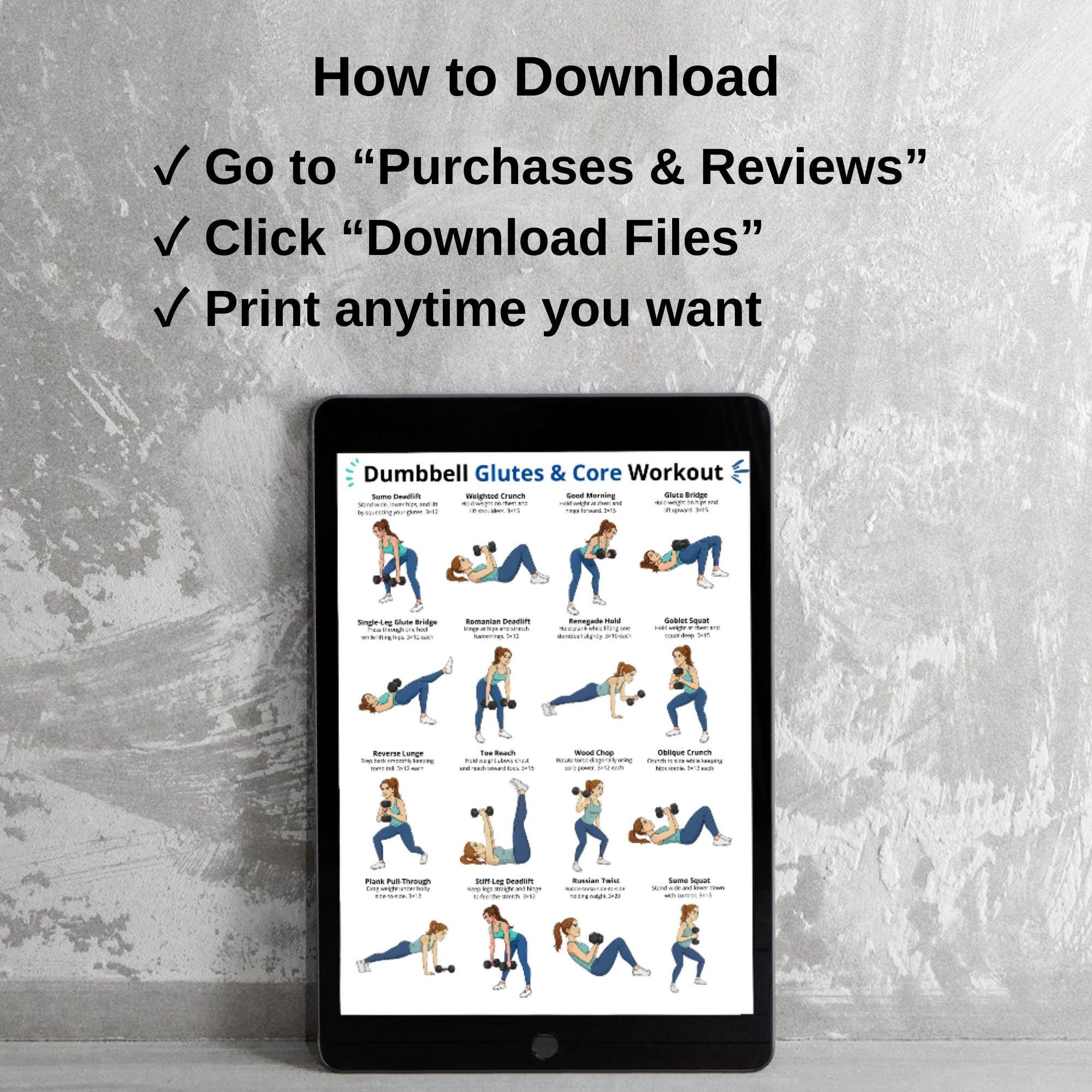 Excercise Chart Core Dumbbell Glutes & Core Workout Poster, Glute Exercise Chart, Core ...