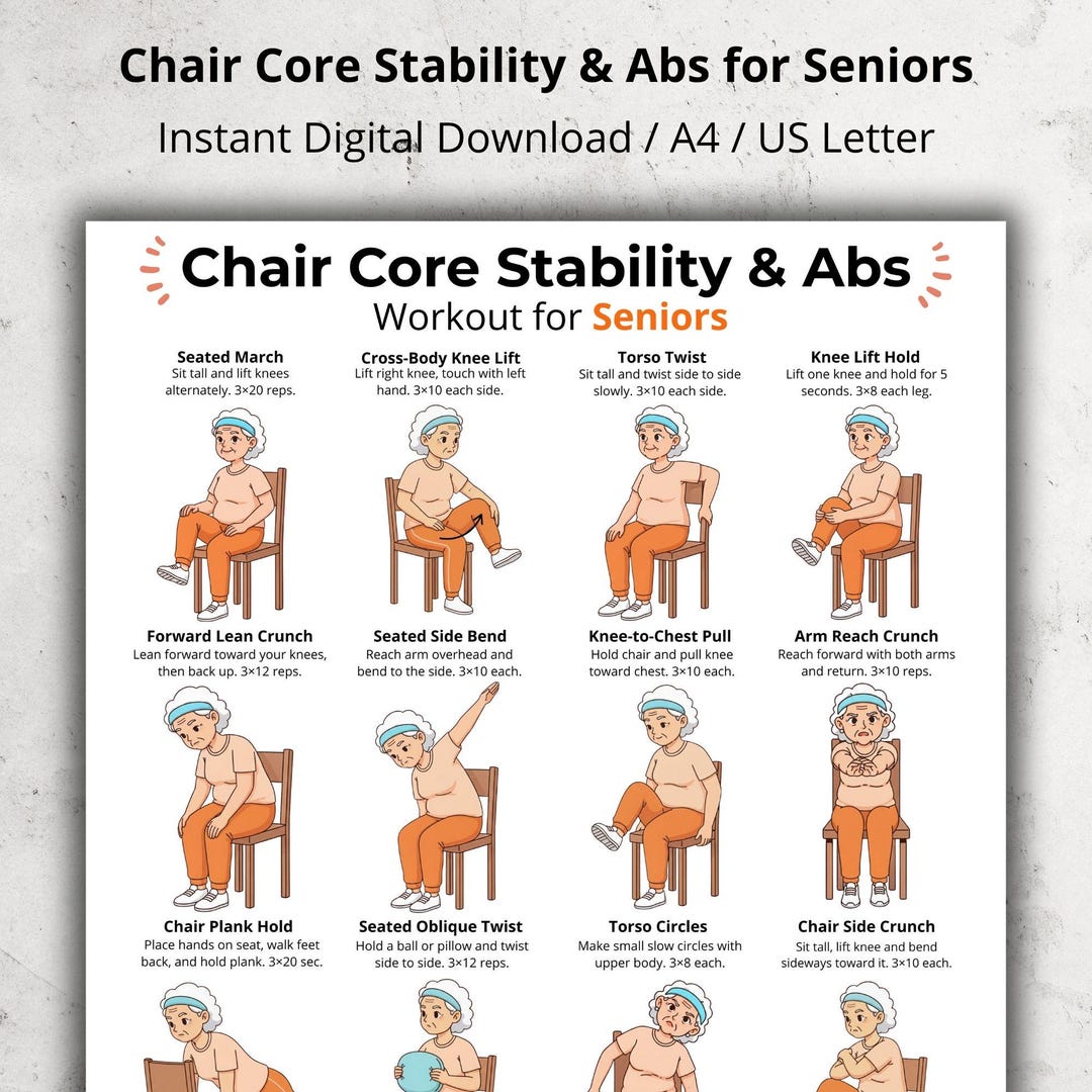 Chair Core & Abs Workout for Seniors Printable Poster, Seated Core ...