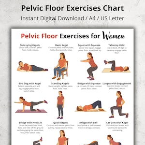 May include: A digital chart titled "Pelvic Floor Exercises" with illustrations demonstrating various exercises. The chart includes instructions for exercises like Side-Lying Kegels, Basic Kegel, and Squat with Squeeze. The chart is designed for instant digital download.