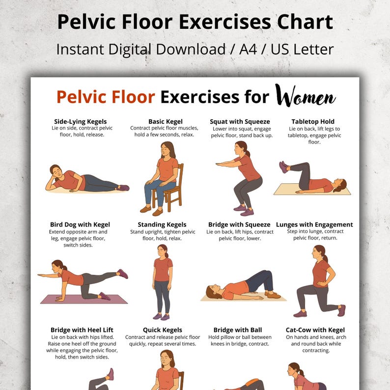 May include: A digital chart titled "Pelvic Floor Exercises" with illustrations demonstrating various exercises. The chart includes instructions for exercises like Side-Lying Kegels, Basic Kegel, and Squat with Squeeze. The chart is designed for instant digital download.