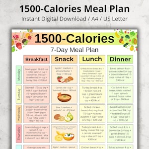 May include: A colorful 1500-Calories 7-Day Meal Plan digital download. The plan includes breakfast, snack, lunch, and dinner options with detailed ingredient lists and calorie counts. The plan is designed for A4 and US Letter sizes.