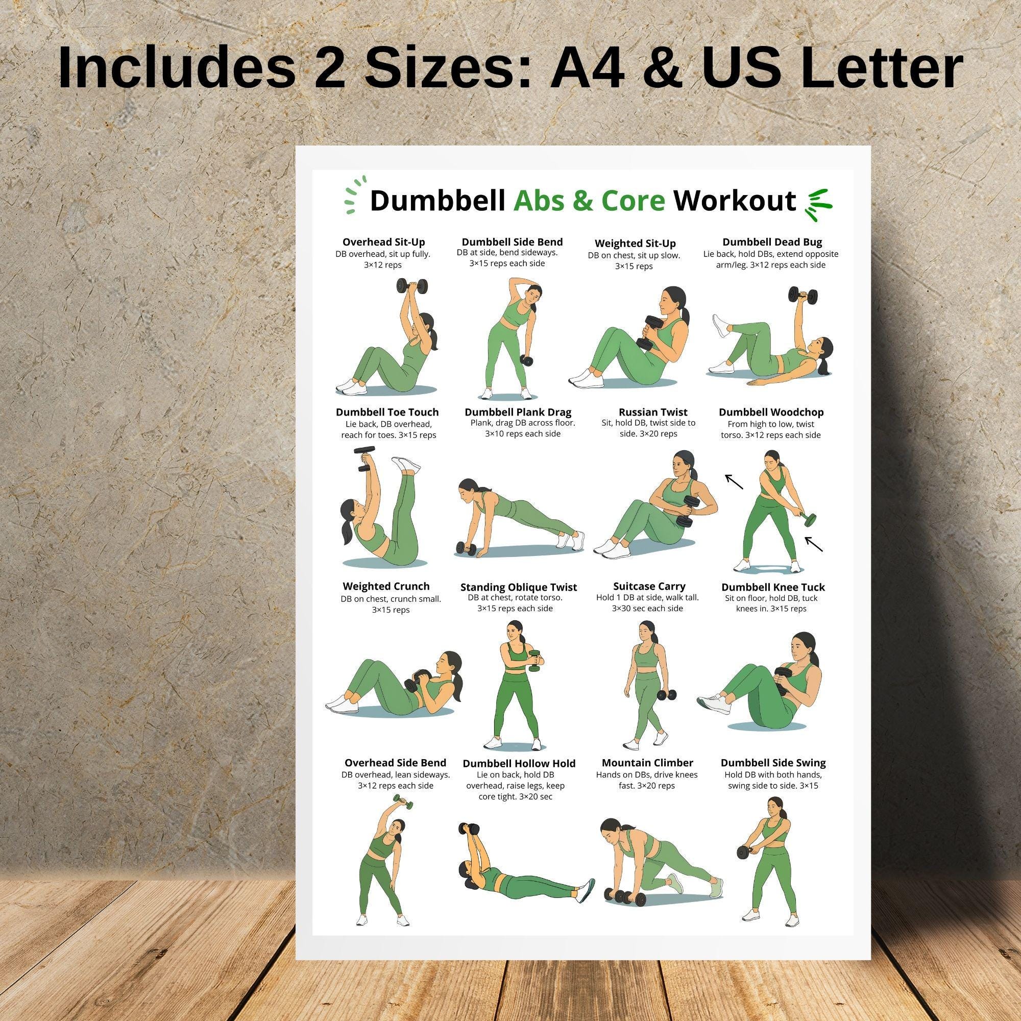 Torso Exercise .pdf Dumbbell Workout Poster Set Printable, Full Body, Abs & Core, Back and ...