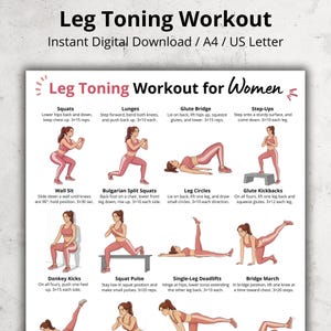 Op de afbeelding: Een digitale download getiteld "Leg Toning Workout" voor vrouwen, met geïllustreerde oefeninstructies. De oefeningen omvatten squats, lunges, glute bridges, step-ups, wall sits, Bulgarian split squats, leg circles, glute kickbacks, donkey kicks, squat pulses, single-leg deadlifts en bridge marches.