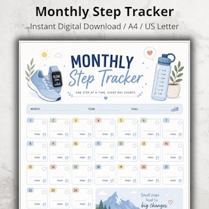 Op de afbeelding: Een printbaar maandelijks stappentracker-document met een kalenderraster voor het bijhouden van dagelijkse stappen. Het ontwerp bevat illustraties van een blauwe sneaker, een smartwatch, een waterfles en bergen, met de tekst Monthly Step Tracker.