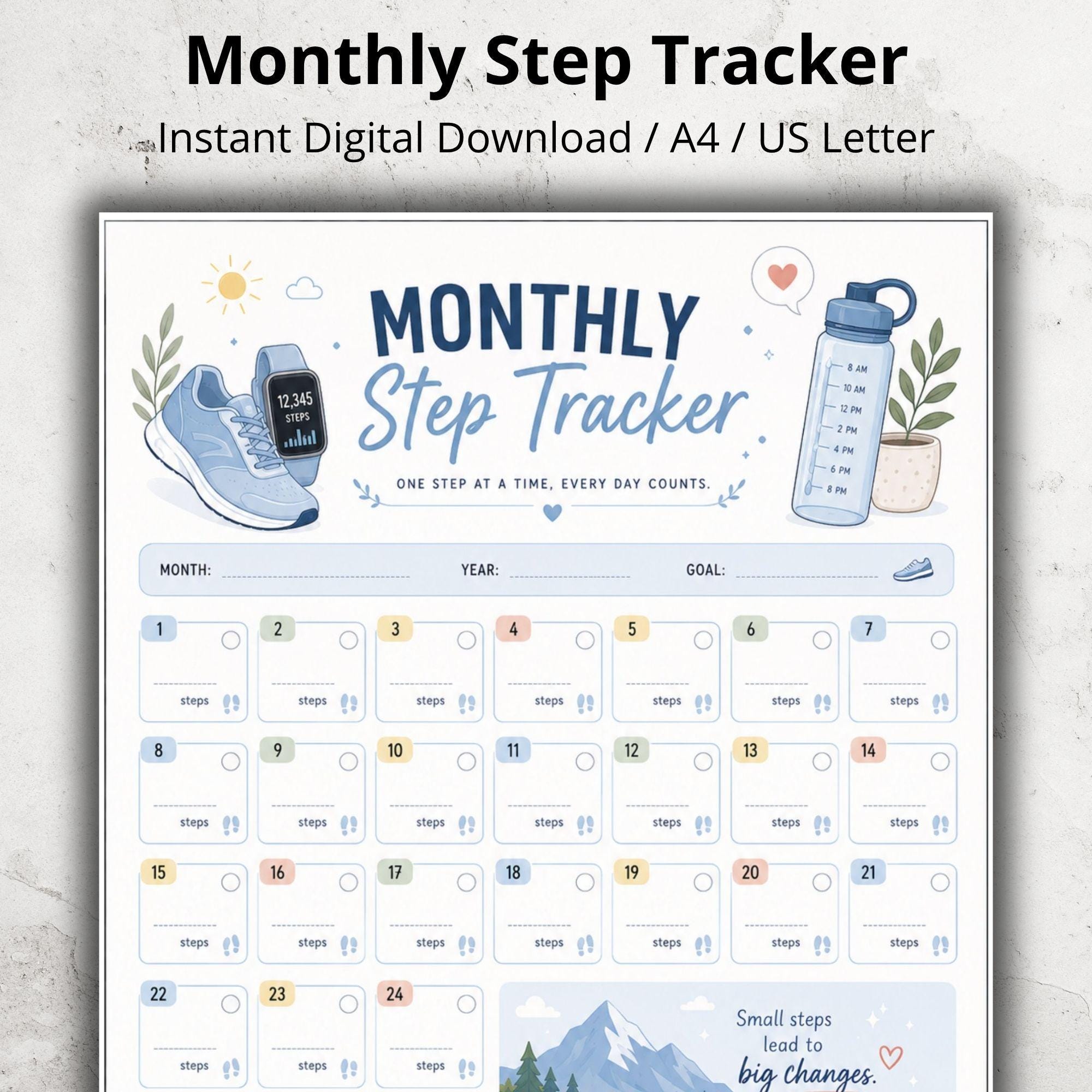 Monthly Step Tracker Printable, Daily Step Walking Tracker PDF, Step ...