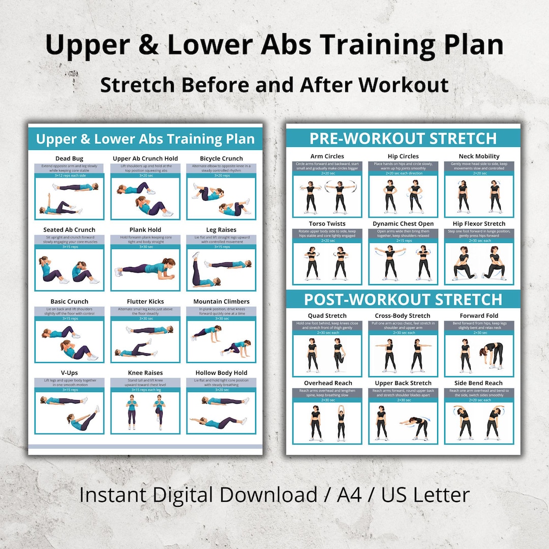 Upper & Lower Abs Workout Poster, Core and Stomach Exercise Chart PDF ...