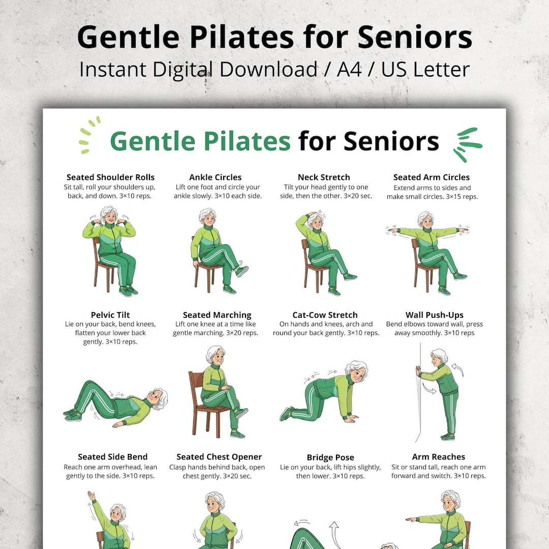 Gentle Pilates for Seniors Printable | Seated and Standing Exercises ...