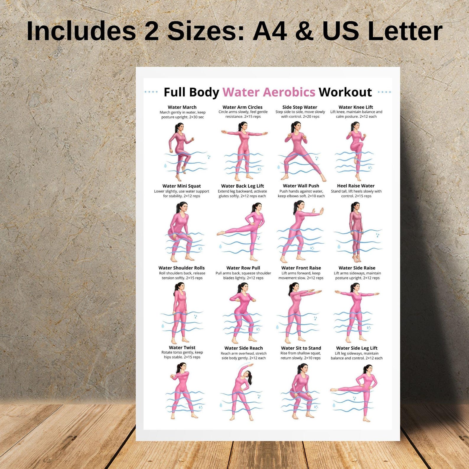 Water Yoga Routine Printable Full Body Water Aerobics Workout Printable, Pool Exercises Routine, Low ...
