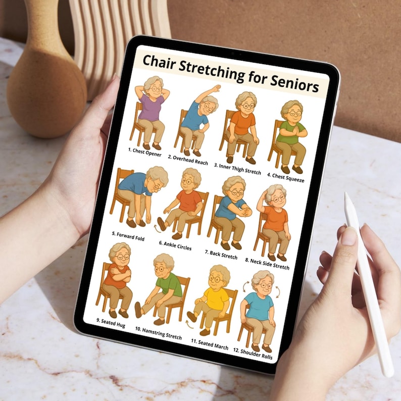 May include: A tablet displays "Chair Stretching for Seniors" with illustrations of seated exercises. The exercises include chest opener, overhead reach, inner thigh stretch, chest squeeze, forward fold, ankle circles, back stretch, and neck side stretch.