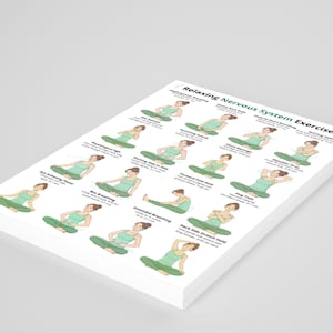 May include: A stack of white paper sheets with illustrations of yoga poses and the text "Relaxing Nervous System Exercise." Each illustration shows a person in a green outfit demonstrating a different yoga pose. The poses include "Box Breathing" and "Extended Breathing."