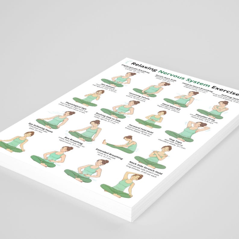 May include: A stack of white paper sheets with illustrations of yoga poses and the text "Relaxing Nervous System Exercise." Each illustration shows a person in a green outfit demonstrating a different yoga pose. The poses include "Box Breathing" and "Extended Breathing."