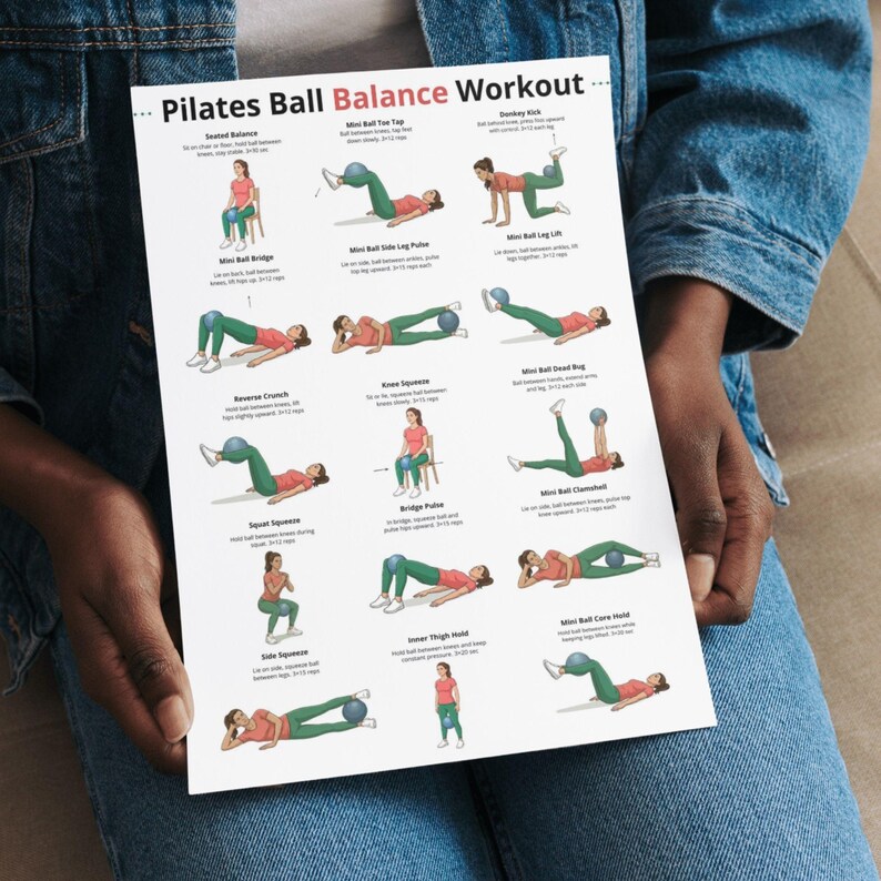 May include: A white Pilates Ball Balance Workout poster with illustrations of exercises. The poster features various exercises with a small blue ball, including Seated Balance, Mini Ball Toe Tap, and Donkey Kick. The text is in black.