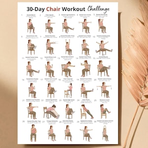 May include: A poster detailing a 30-Day Chair Workout Challenge, featuring exercise illustrations. Exercises include seated marches, squats, leg extensions, arm circles, and side bends. The text is in a bold, sans-serif font.