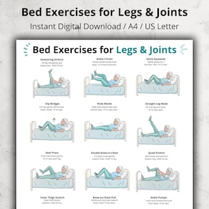 Könnte beinhalten: Ein druckbarer Leitfaden mit dem Titel "Bettübungen für Beine und Gelenke" mit Illustrationen von Übungen. Die Übungen umfassen Hamstring-Dehnung, Knöchelkreisen, Gesäßmuskel-Quetschen, Hüftbrücken, Kniebeugen, gerades Beinheben, Fersenpressen usw.