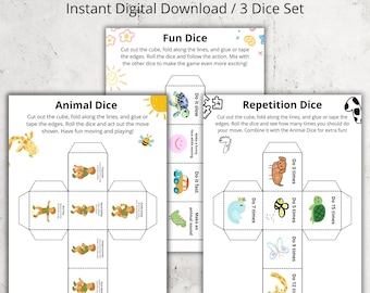 Juego de dados de ejercicio para niños: juego de movimiento imprimible para niños. Juego de 3 dados con movimientos de animales, repetición y diversión. Ideal para jugar en casa, en el aula o en interiores.