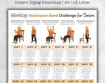 Desafío de 30 días con bandas de resistencia para personas mayores / Tabla imprimible de ejercicios de bajo impacto / Tabla de ejercicios con bandas de resistencia para adultos mayores sentados y de pie