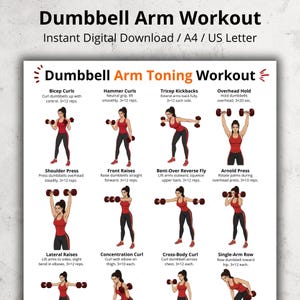 Op de afbeelding: Een digitale workoutgids getiteld "Dumbbell Arm Workout" met illustraties van armtoningsoefeningen. De gids bevat oefeningen zoals biceps curls, triceps kickbacks en shoulder presses. De tekst geeft aan dat de workout beschikbaar is als een directe digitale download.