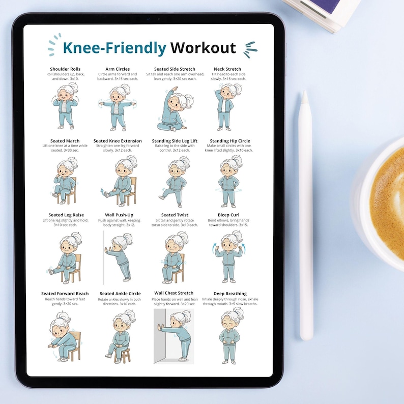 K&ouml;nnte beinhalten: Ein digitales Tablet zeigt einen "Knee-Friendly Workout"-Leitfaden. Der Leitfaden enth&auml;lt illustrierte &Uuml;bungen f&uuml;r Senioren, darunter Schulterrollen, Armkreisen und Sitzstrecken. Das Tablet wird von einem Stift und einer Tasse Kaffee begleitet.