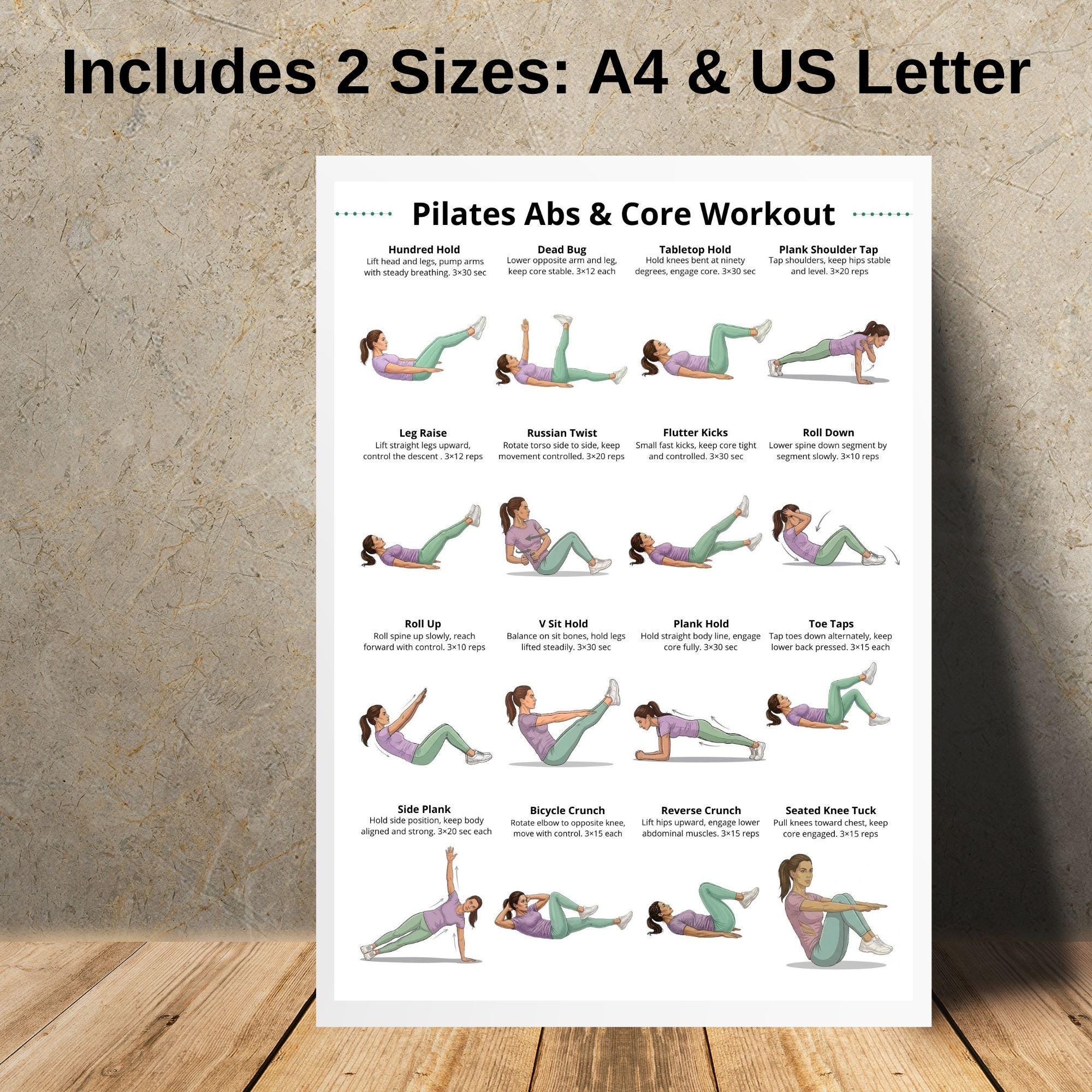 Pilates Abs and Core Workout Poster Printable PDF, Ab Exercises Chart ...
