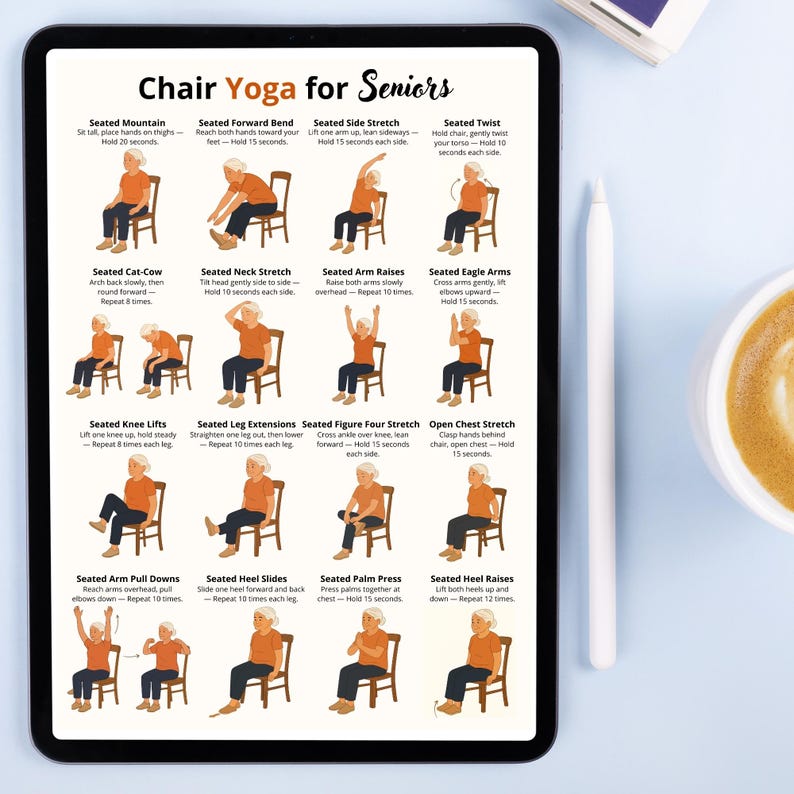 Puede incluir: Una tableta digital muestra una gu&iacute;a de ejercicios de yoga en silla para personas mayores. La gu&iacute;a presenta ilustraciones de varias posturas, incluyendo monta&ntilde;a sentada, flexi&oacute;n hacia adelante y estiramiento lateral. El texto proporciona instrucciones y tiempos de espera.