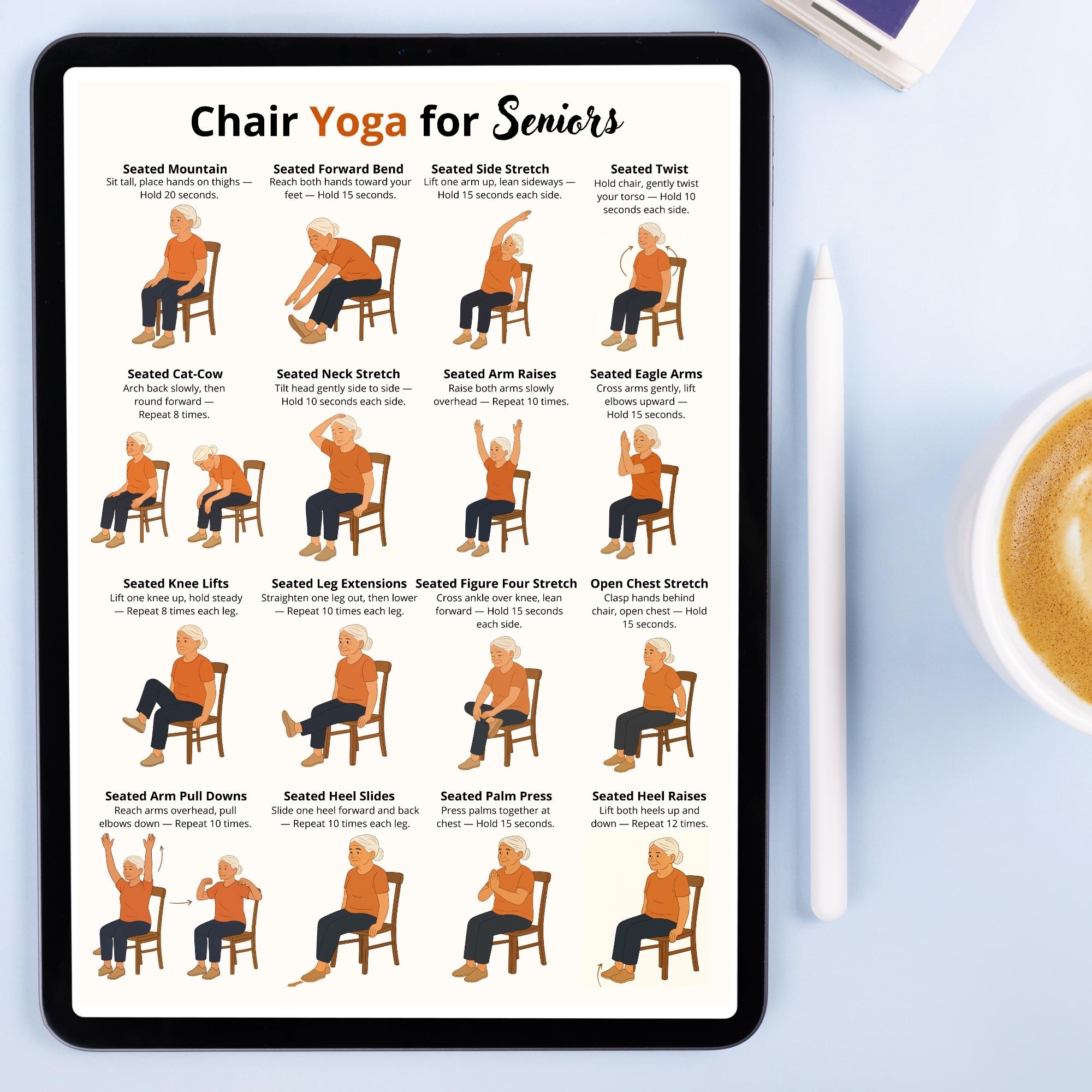 Chair Yoga for Seniors Printable Seated Yoga Chart With 16 Gentle