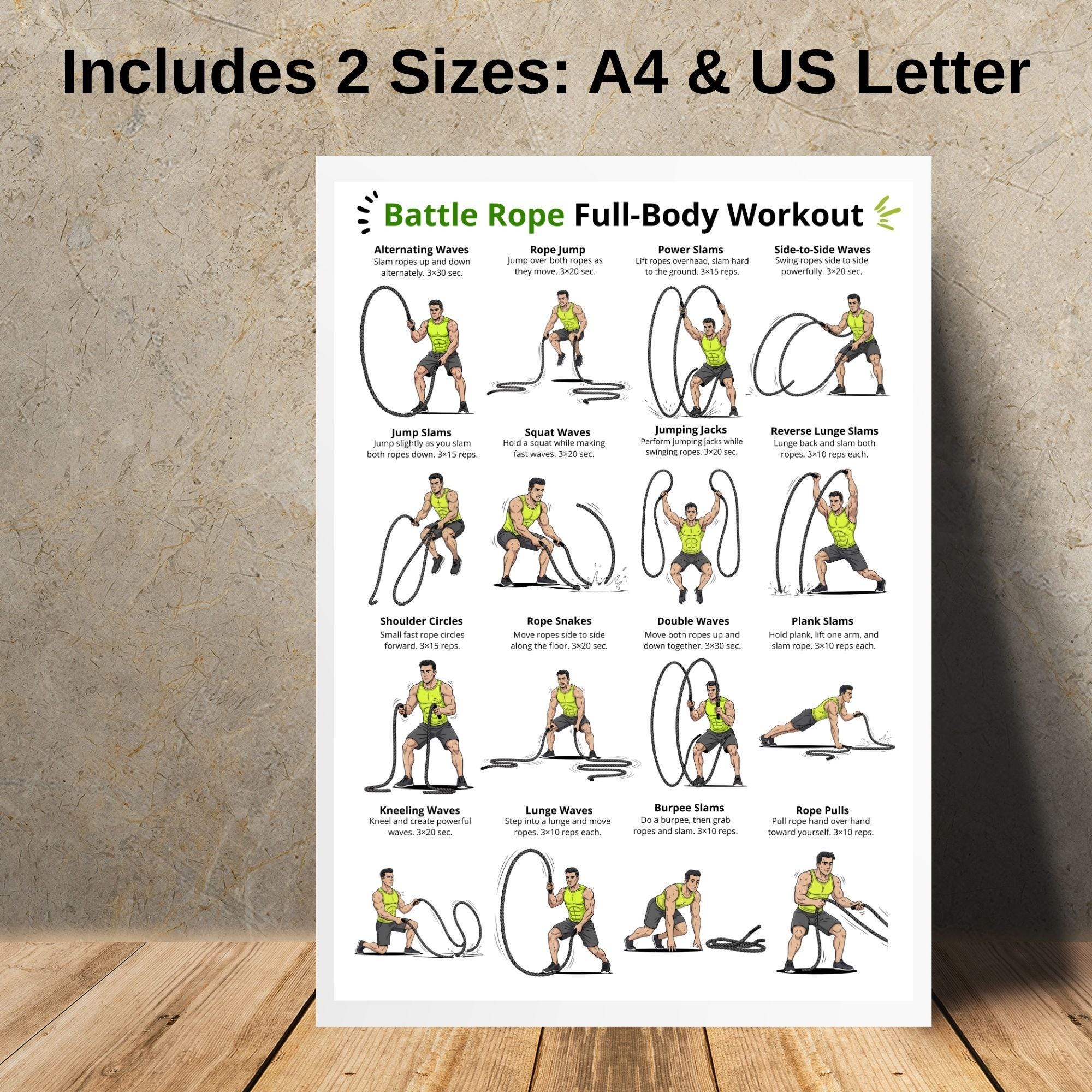 Battle Rope Full Body Workout Poster, Battle Rope Exercises Printable ...