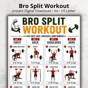 Bro Split Workout Printable, 4 Day Bro Split Workout Plan, Gym Workout Routine, Gym Training Poster, Weight Lifting Workout