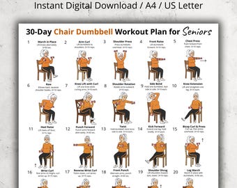30-Day Chair Dumbbell Workout for Seniors Printable Poster, Seated Exercise Chart PDF, Home Fitness Wall Art, Low Impact Chair Workout