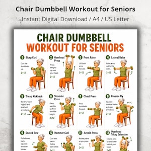 Afdrukbare stoel haltertraining voor senioren, zittende halteroefeningen voor oudere volwassenen, senior fitness pdf, stoel ouderen fitnessposter