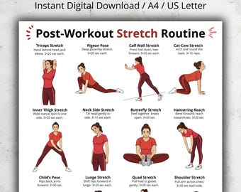 May include: A digital download titled "Post-Workout Stretch Routine" with illustrations of various stretches. The routine includes exercises like Triceps Stretch, Pigeon Pose, Calf Wall Stretch, and more. The document is formatted for A4 and US Letter sizes.