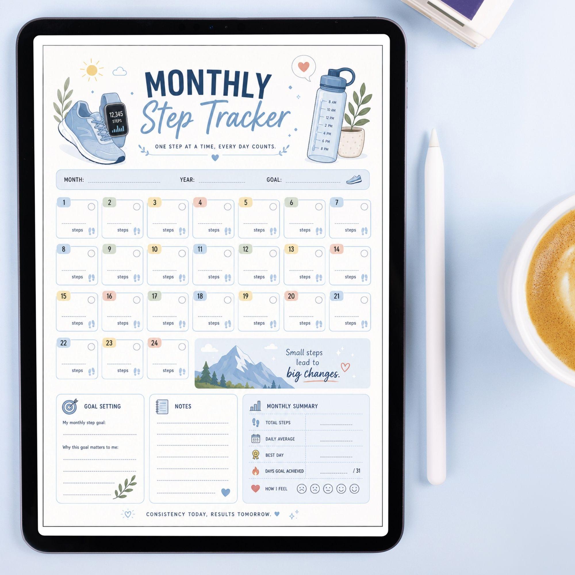 Monthly Step Tracker Printable, Daily Step Walking Tracker PDF, Step ...