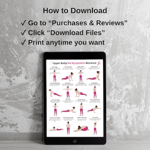May include: A black tablet shows a workout guide titled "Upper Body No Equipment Workout." The guide features illustrated exercises in pink and white. Above the tablet, text reads "How to Download" with instructions.
