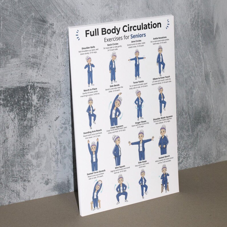 May include: A poster titled "Full Body Circulation Exercises for Seniors" displays illustrated exercises. The exercises include shoulder rolls, neck circles, arm circles, ankle rotations, torso twists, and more. The illustrations show a person performing each exercise.