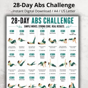 Puede incluir: Un gráfico de ejercicios 28-Day Abs Challenge con una cuadrícula de instrucciones diarias e ilustraciones de una persona realizando diversos movimientos, incluyendo abdominales, planchas y elevaciones de piernas, con texto.