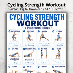 May include: A digital poster titled Cycling Strength Workout featuring 16 numbered exercise instructions. Each section includes a blue header, a graphic of a person performing the movement, descriptive text, and specific repetition counts.