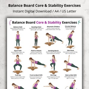 May include: A digital download featuring balance board core and stability exercises. The image displays illustrated instructions for various exercises, including balance hold, standing twist, mountain climbers, and more. The text includes exercise names and instructions.