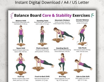 Könnte beinhalten: Ein digitaler Download mit Balance Board Core & Stabilitätsübungen. Das Bild zeigt illustrierte Anweisungen für verschiedene Übungen, darunter Balance Hold, Standing Twist, Mountain Climbers und mehr. Der Text enthält Übungsnamen und Anweisungen.