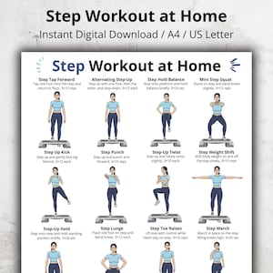 May include: A digital download fitness guide titled "Step Workout at Home" with illustrated step-by-step exercise instructions. The guide includes various step exercises, such as step tap forward, alternating step-up, and step hold balance. The exercises are demonstrated with illustrations.
