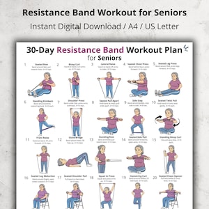 Op de afbeelding: Een digitale download met een 30-daags weerstandsband trainingsplan voor senioren. Het plan bevat geïllustreerde oefeningen zoals zittend roeien, biceps curl, zijwaartse verhoging en zittende borstpress. A4/US Letter.