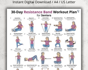 30 Day Resistance Band Workout Challenge for Seniors, Printable Seated Band Exercise Chart PDF Poster, Low Impact Daily Elderly Home Workout