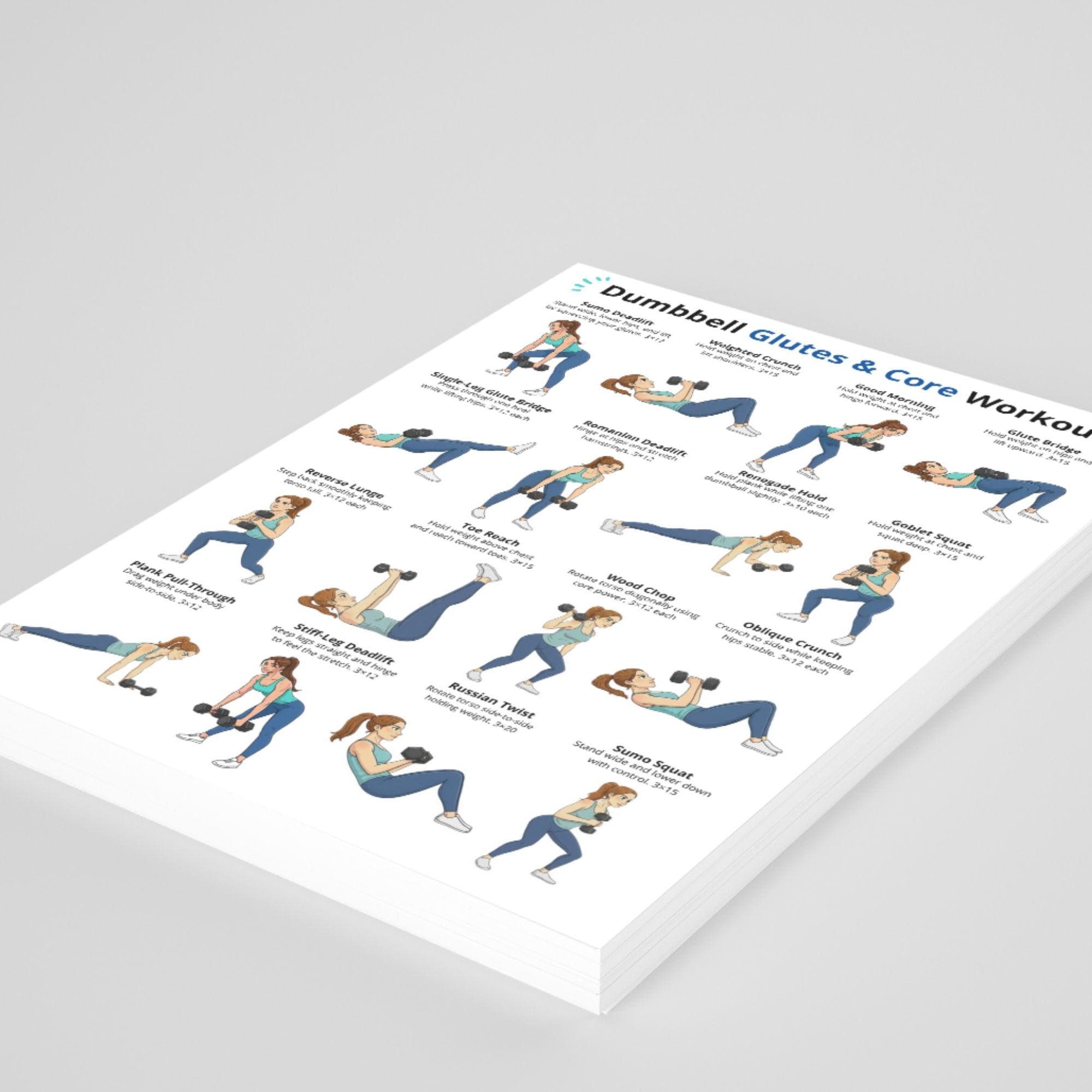 Excercise Chart Core Dumbbell Glutes & Core Workout Poster, Glute Exercise Chart, Core ...