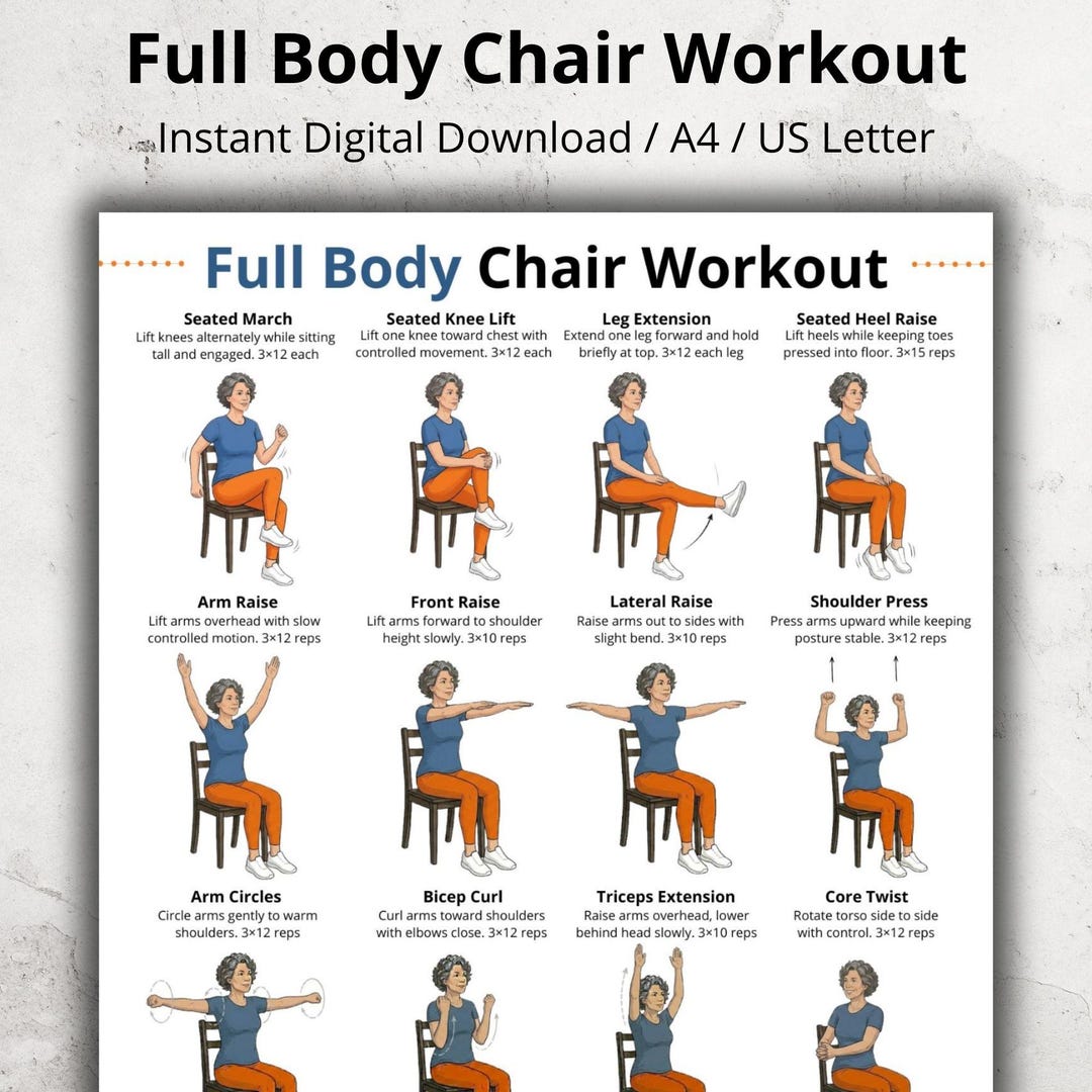 Full Body Chair Exercises for Seniors Printable, Seated Workout Chart ...