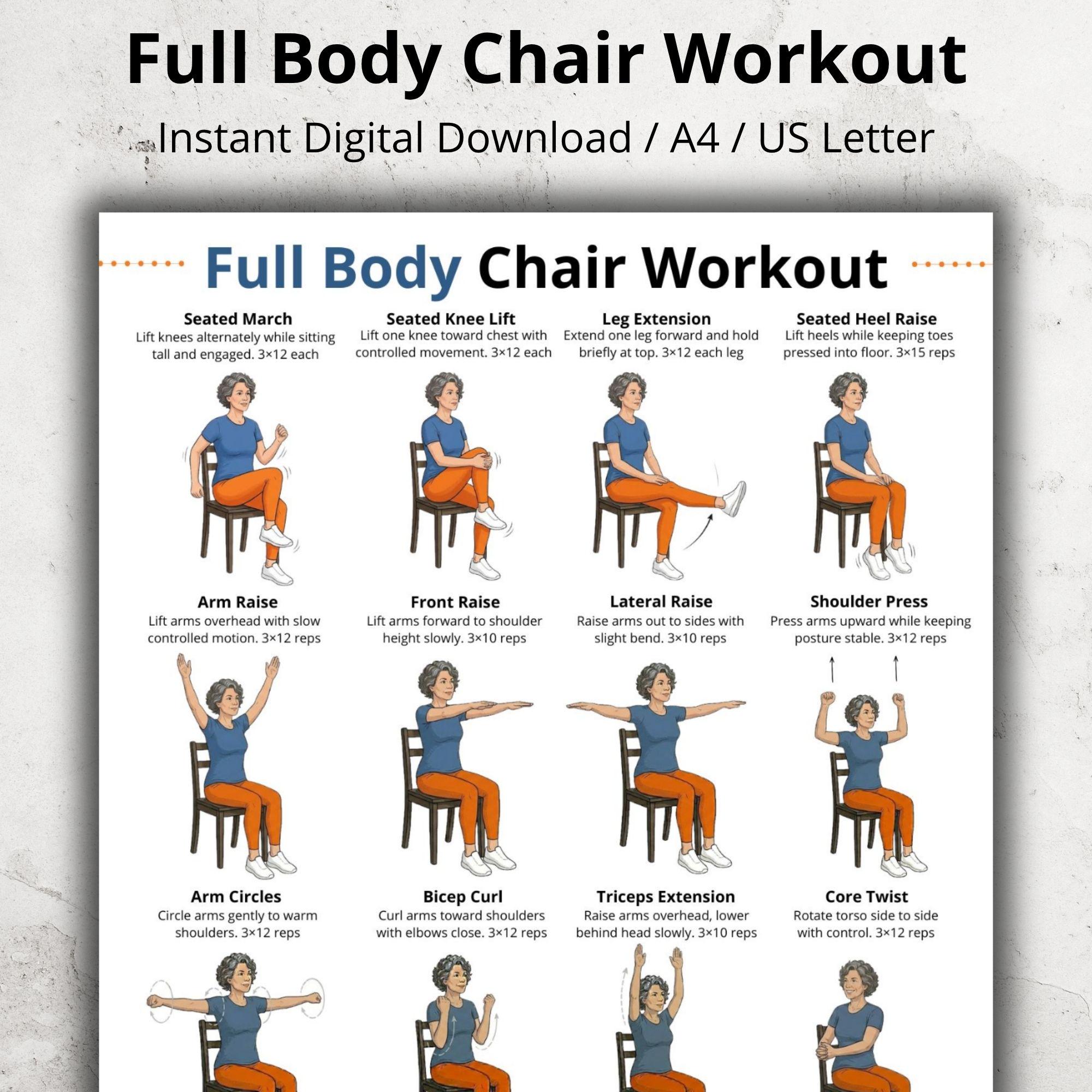 Full Body Chair Exercises for Seniors Printable, Seated Workout Chart ...